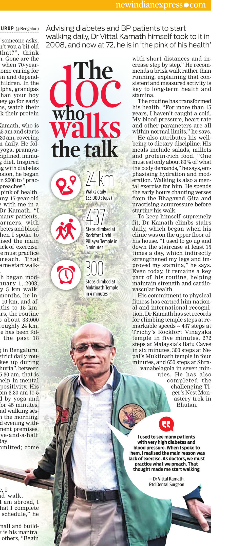 The New Indian Express feature headlined “The doc who walks the talk”, with a photograph of Dr. Kamath and a panel of his stair-climbing records.